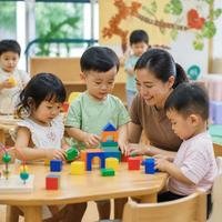 Asian Singaporean toddlers playing with toys with a caregiver