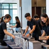 Asian Singaporean event staff setting up tables and supplies