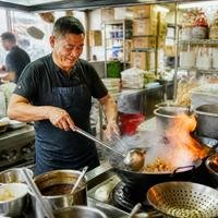 Asian Singaporean chef cooking in a restaurant kitchen