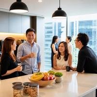 Asian Singaporean colleagues chatting in a corporate office pantry