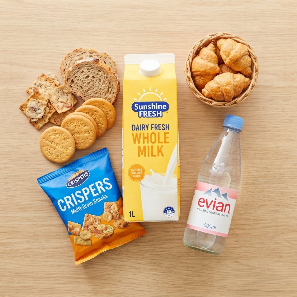 Food & Beverages category - milk, crackers and water