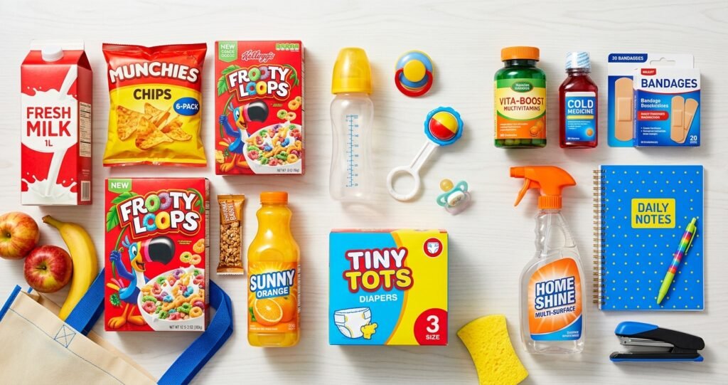 Flat lay of everyday DiamTao essentials — groceries, baby items, health products and household supplies