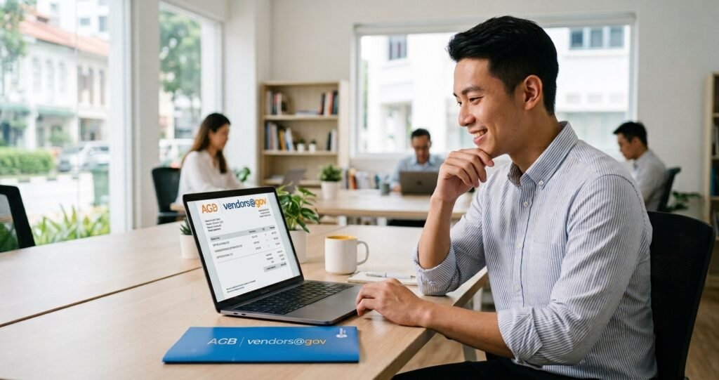 DiamTao business customer managing Vendors@gov e-invoicing on laptop