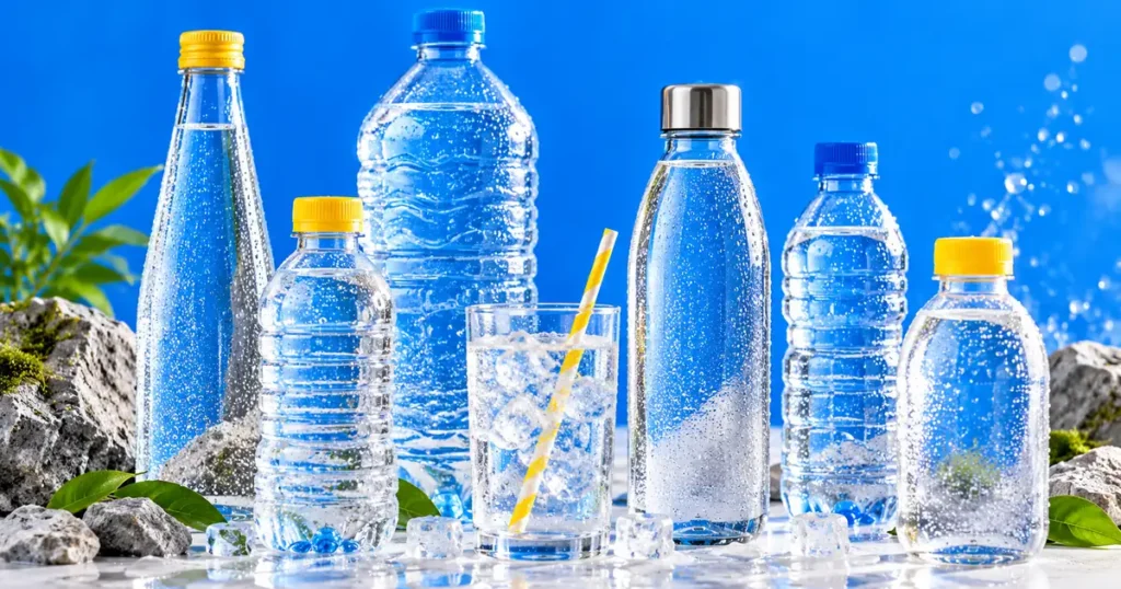 Assorted unbranded water bottles with condensation and ice on a bright blue background with natural rocks