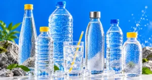 Assorted unbranded water bottles with condensation and ice on a bright blue background with natural rocks