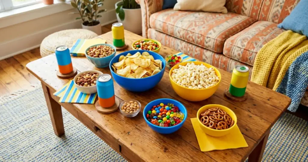 Bowls of chips, popcorn, pretzels, nuts and colourful candy with drink cans on a wooden coffee table in a cosy living room